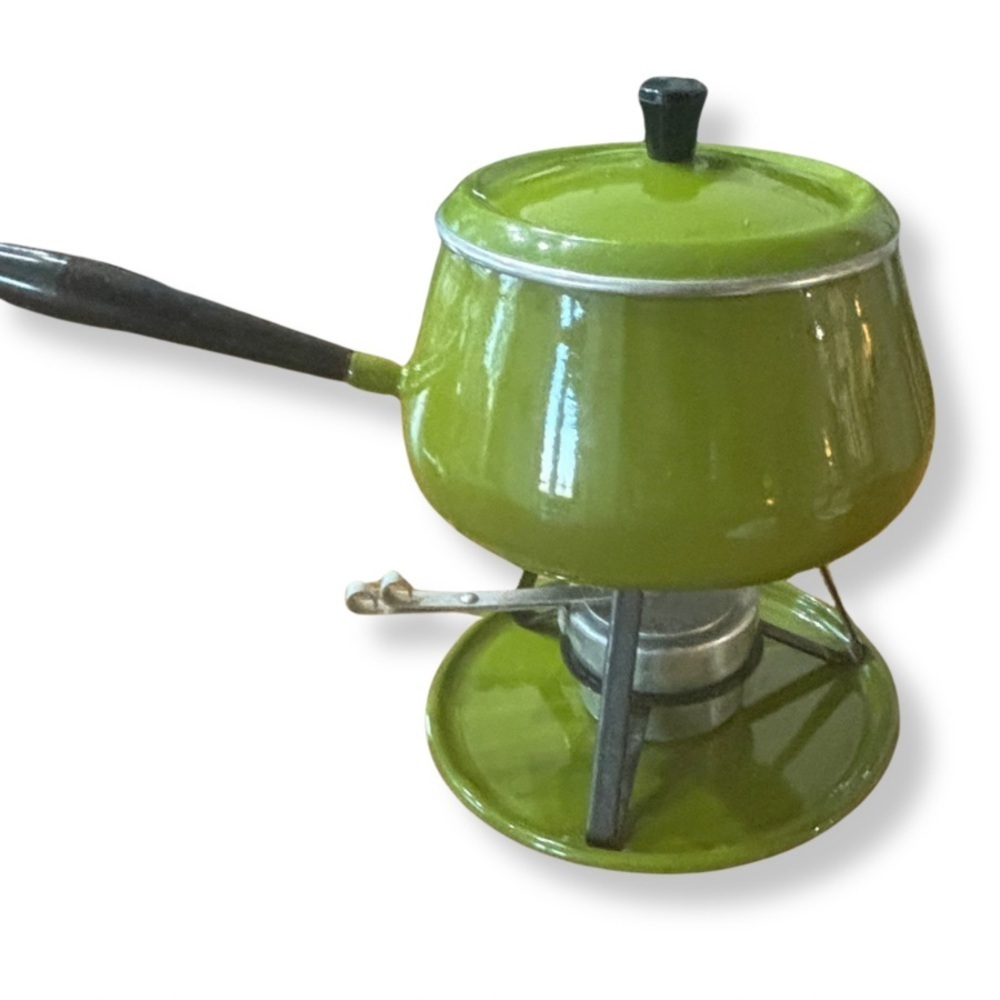 Vintage Avocado Green Fondue Pot Set MCM Enamel Fondue Pot w/ Stand & Tray 1970s